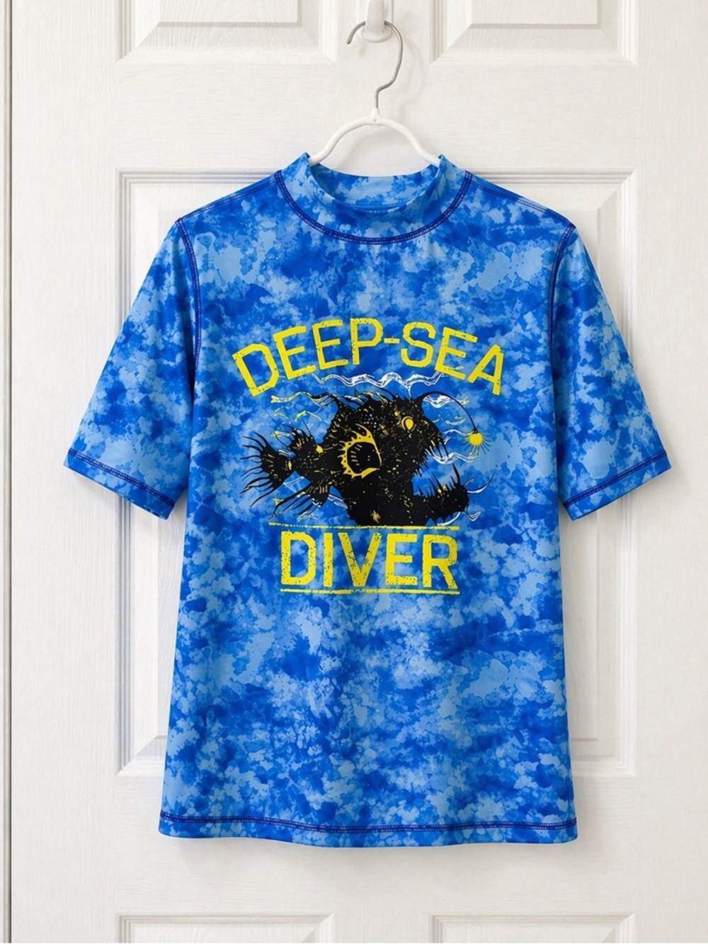 • Boys Rash Guard Short Sleeve Large 12-14 Shirt Blue “Deep Sea Diver”